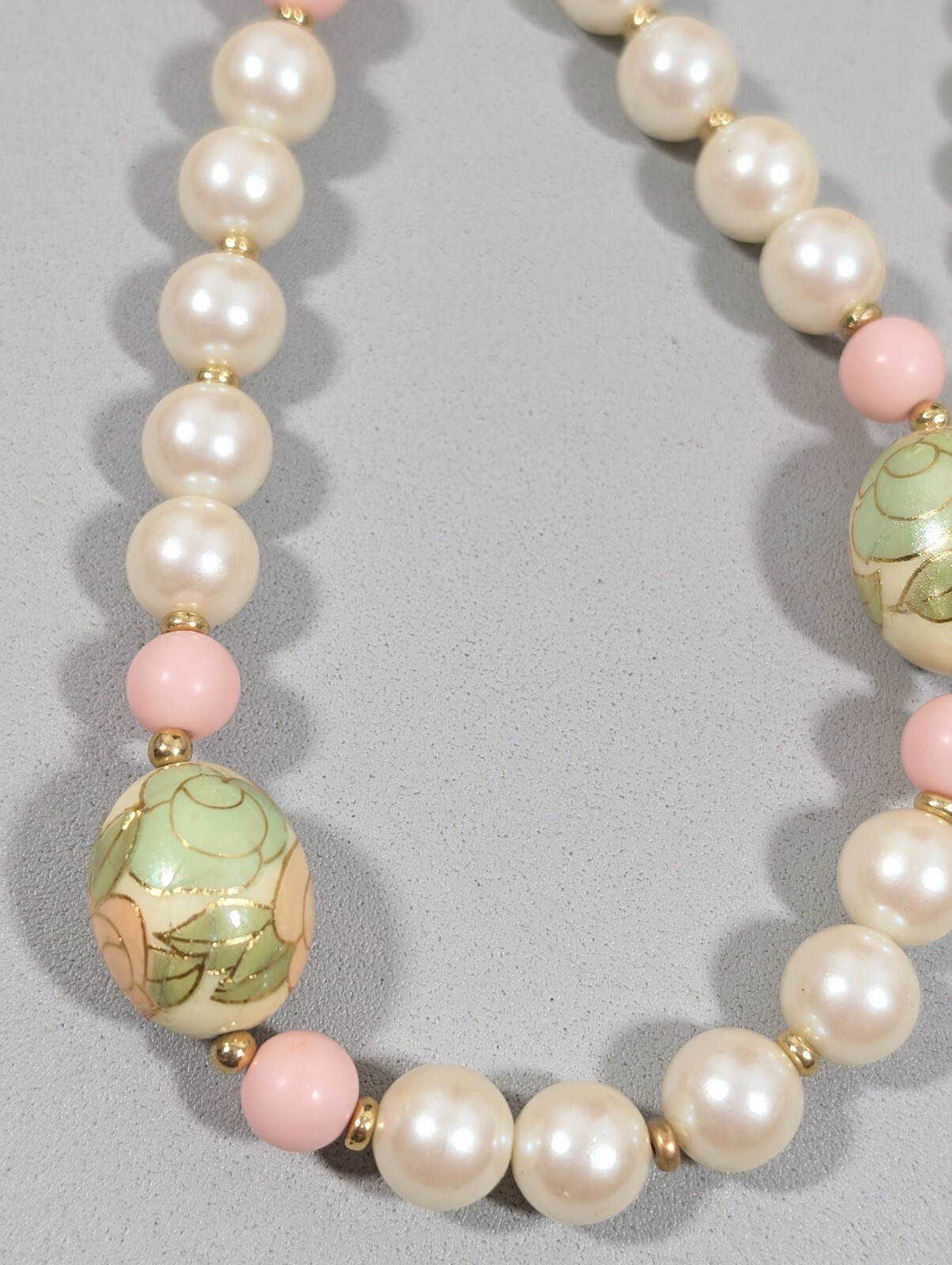 Vintage Peach Green Rose Flower Faux Pearl Beaded Necklace 30 in
