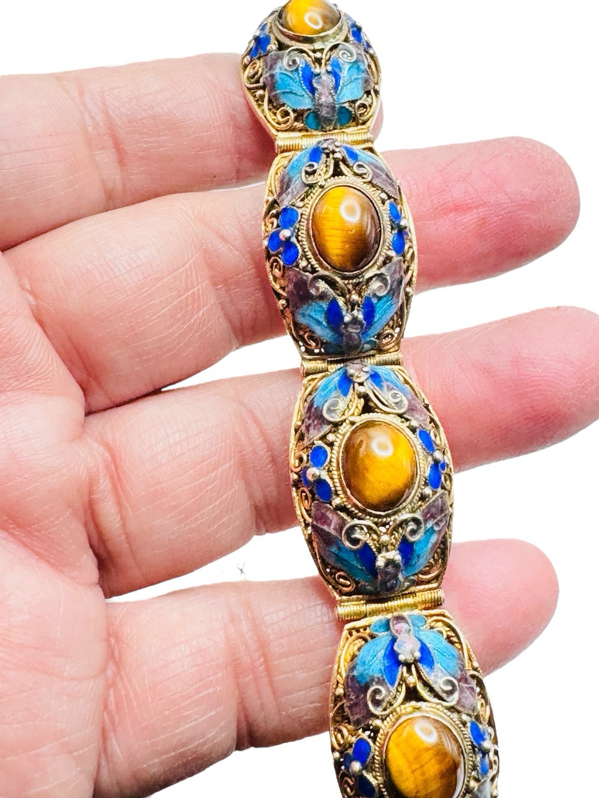 Vintage Chinese Export Gilt Silver Enamel Mesh Filigree Bracelet Tigers Eye Nice