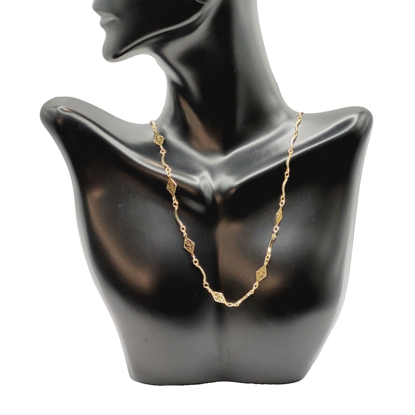 Filigree Marquise Shape Station Necklace Gold Tone Vintage Chain Choker 15.5 In
