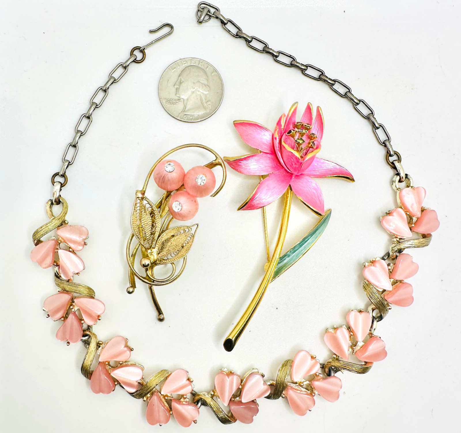 Lot Lisner PINK Moonglow Lucite Necklace, Park Lane & Other Rhinestone Brooches