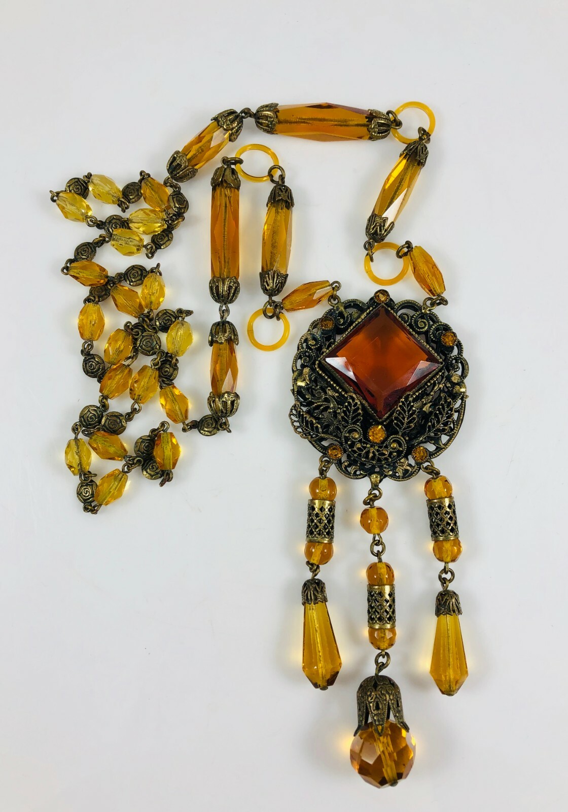 Antique Czechoslovakia Max Neiger Amber Brown Long Dangle Necklace Glass Links