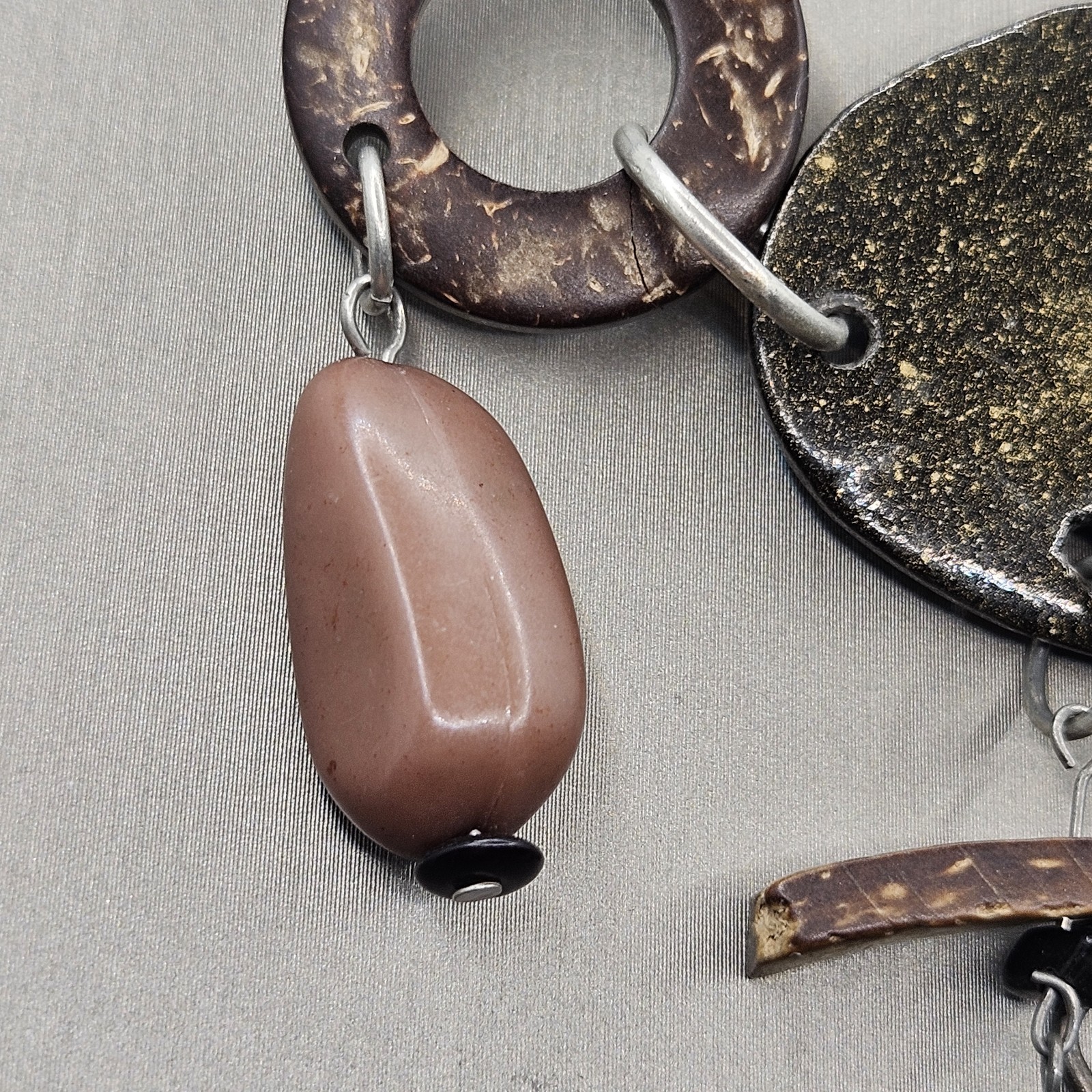 Silver Dragonfly Necklace Runway Boho Chunky Wood Metal Bib Beaded Stone Vintage