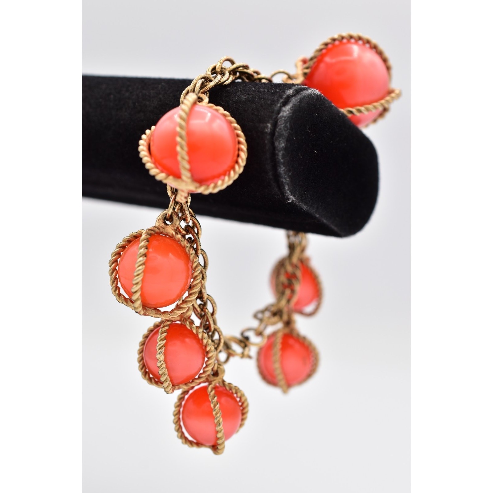 Vintage Ornament Caged Ball Beaded Chain Bracelet Charm Gold Chunky 1970s BinAW