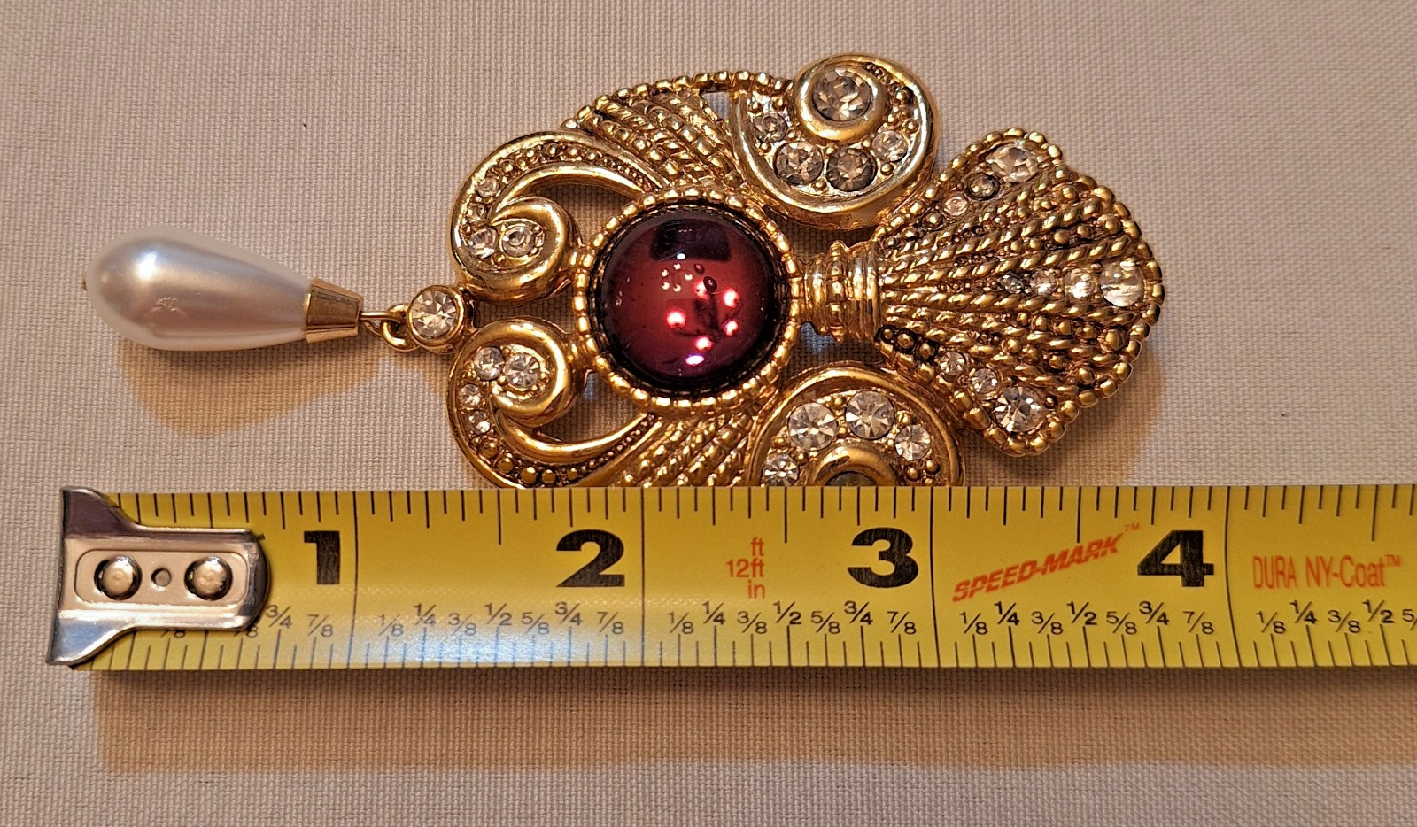 Vtg Jeff Lieb Purple Cabachon w Faux Drop Pearl & Rnd Cystal Accents Brooch