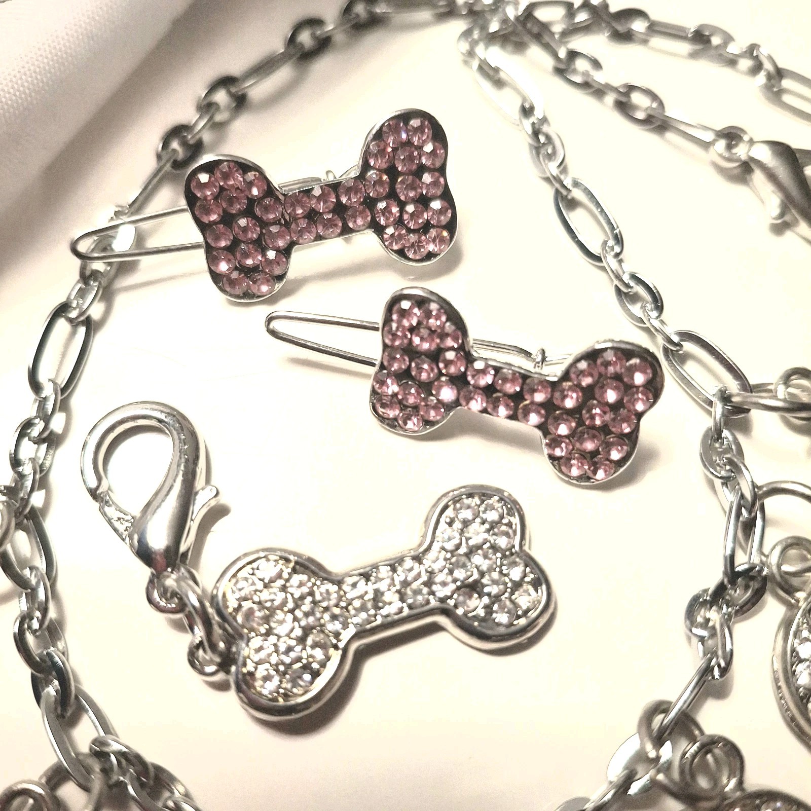 VTG LOT Dog Pet Rhinestone Jewelry Collar Barrett Charm Tag Bells Pink 90s New