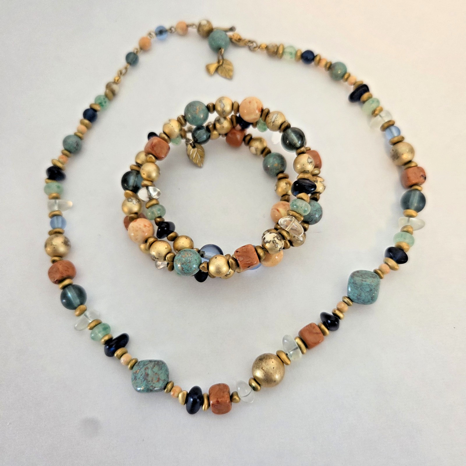 Vintage LIZ CLAIBORNE Necklace Bracelet Set Multicolor Beads 80s 90s Logo