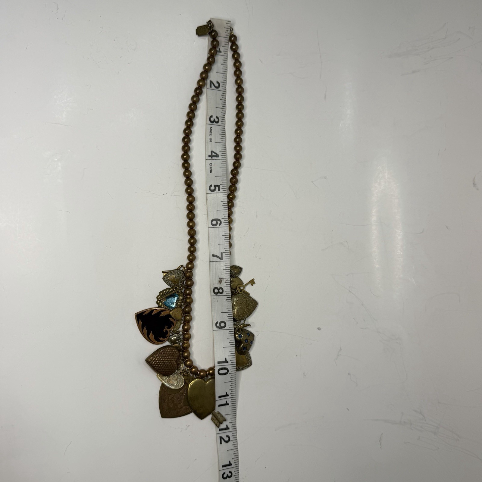 Vintage Pididdly Links Brass Bead Dangling Heart Cherub Key Charm Necklace 20in