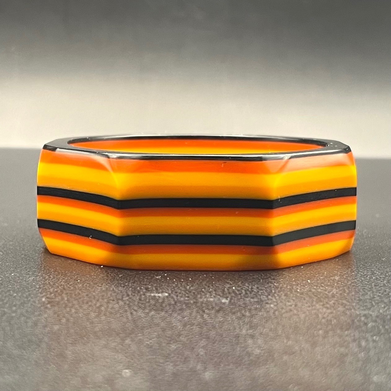 Vintage Laminated Lucite Octagonal Bangle Bracelet Orange Yellow Black Wide