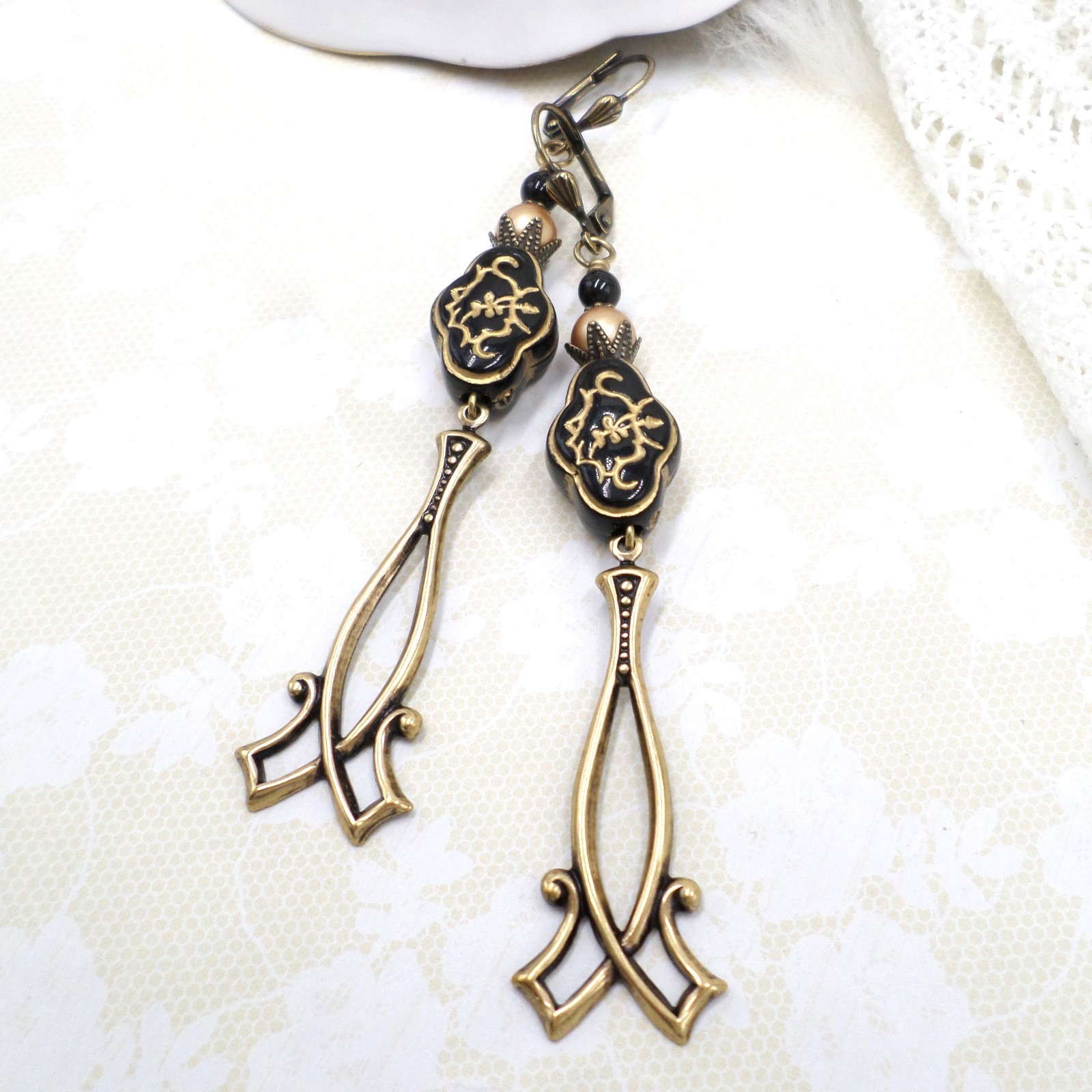 Antique Brass Dangle Earrings Black Gold Floral Acrylic Beaded Victorian Jewelry