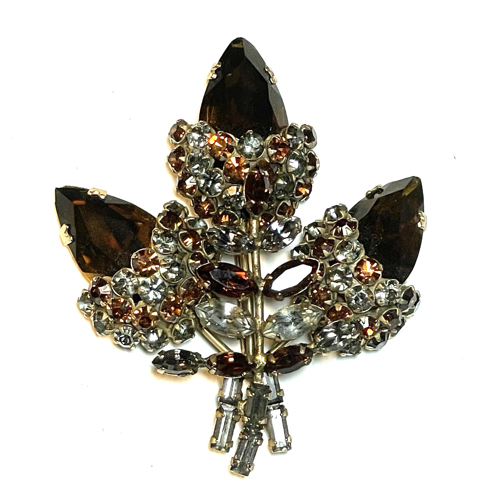 VTG UNSIGNED SCHREINER 3 ACORN STATEMENT BROOCH DARK TOPAZ & SMOKY GREY CRYSTALS