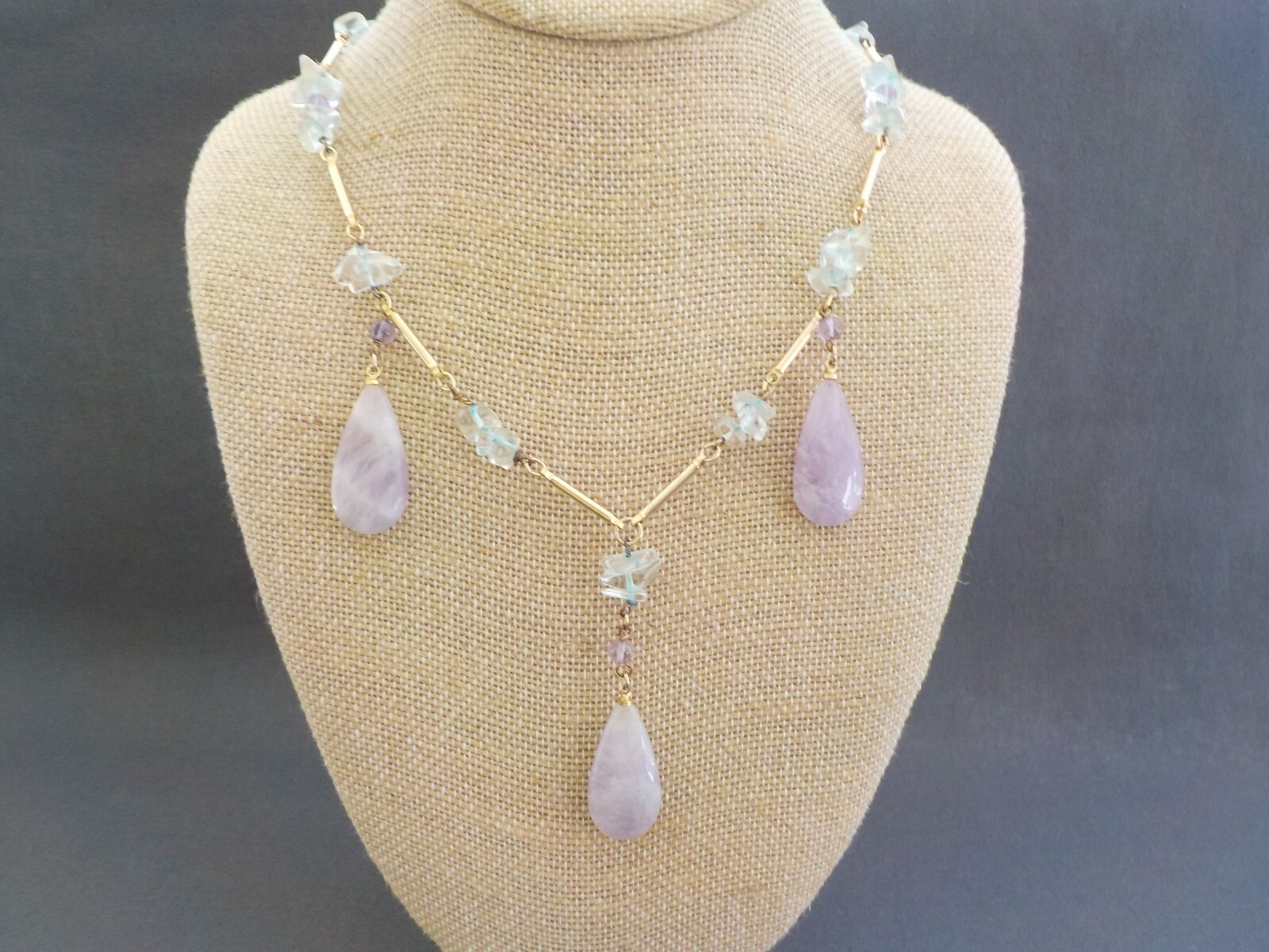 Hobe Amethyst ?? Teardrop & Dyed Chip Gold Tone Metal Clasp Necklace Signed No.