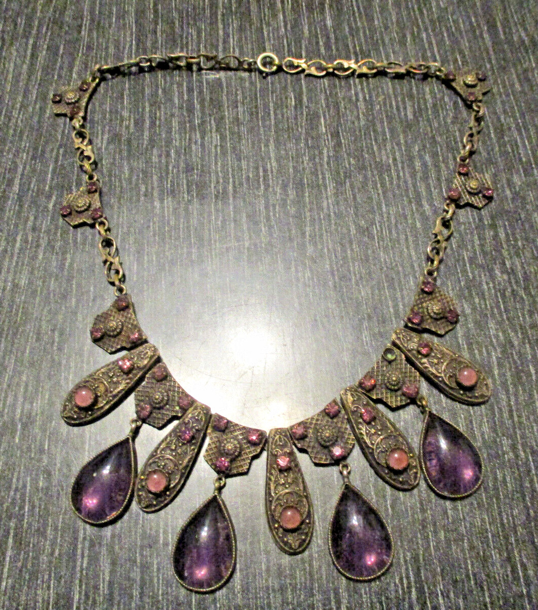 Fine Antique Deco Made in France Purple Glass Rhinestone Choker Drop Necklace!