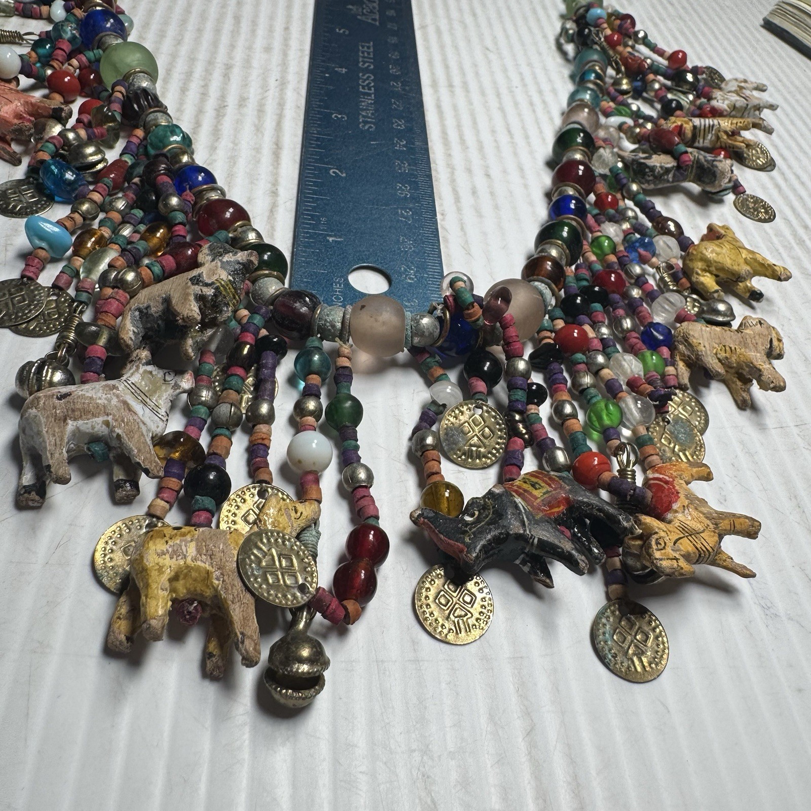 VTG Mid Century African Art Glass Bead and Animal Necklace Extra Long Need Work