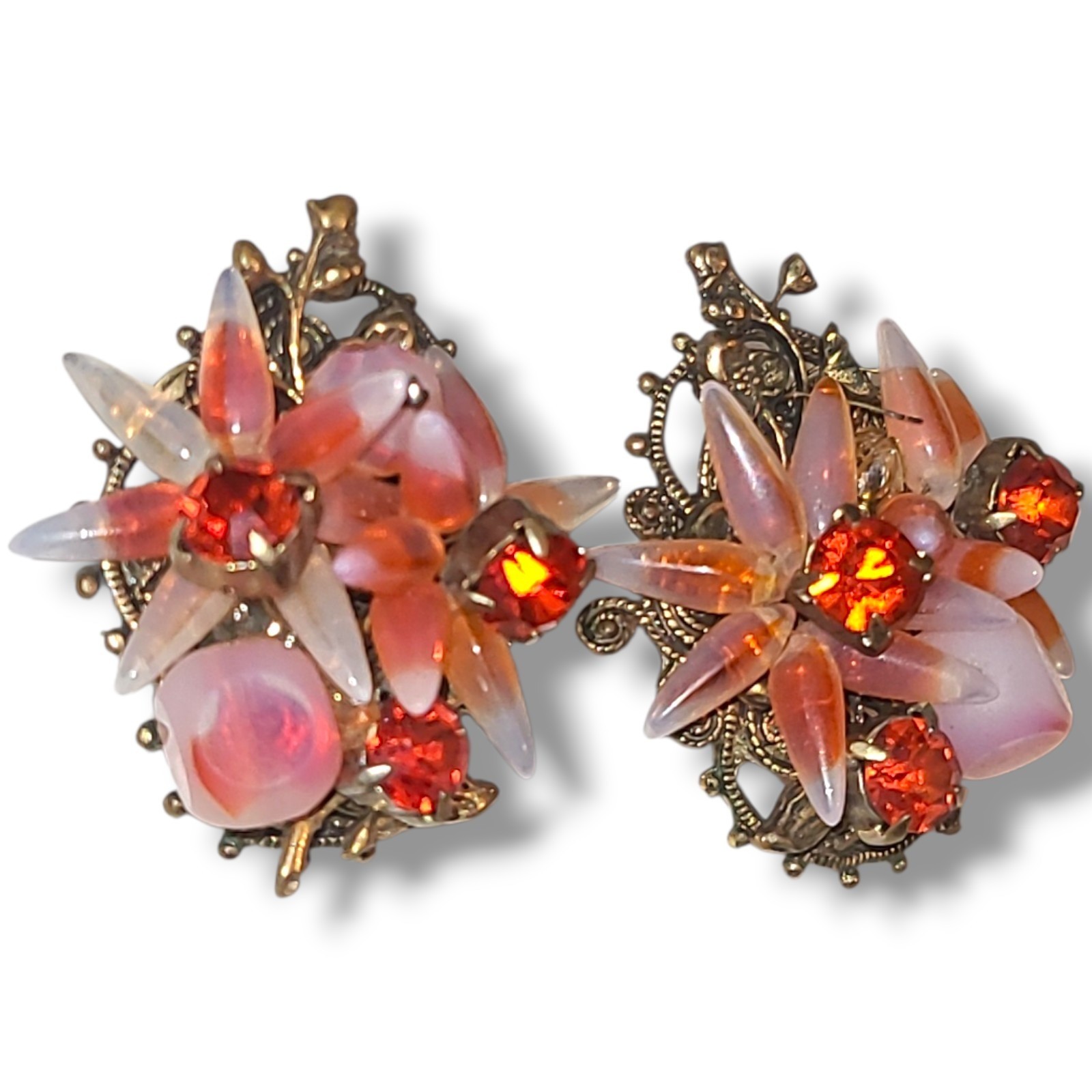 Vintage Opaline Glass Pink Orange Rhinestone Floral Cluster Clip On Earrings