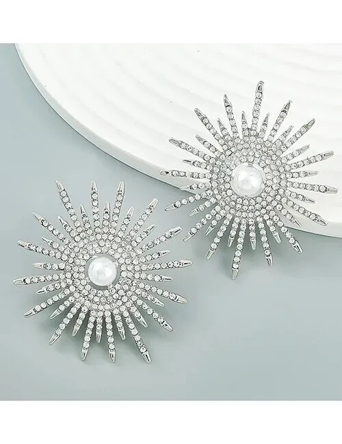 Big Round White Faux Pearl Earrings Silver Tone Rhinestone Earrings Pierced Stud
