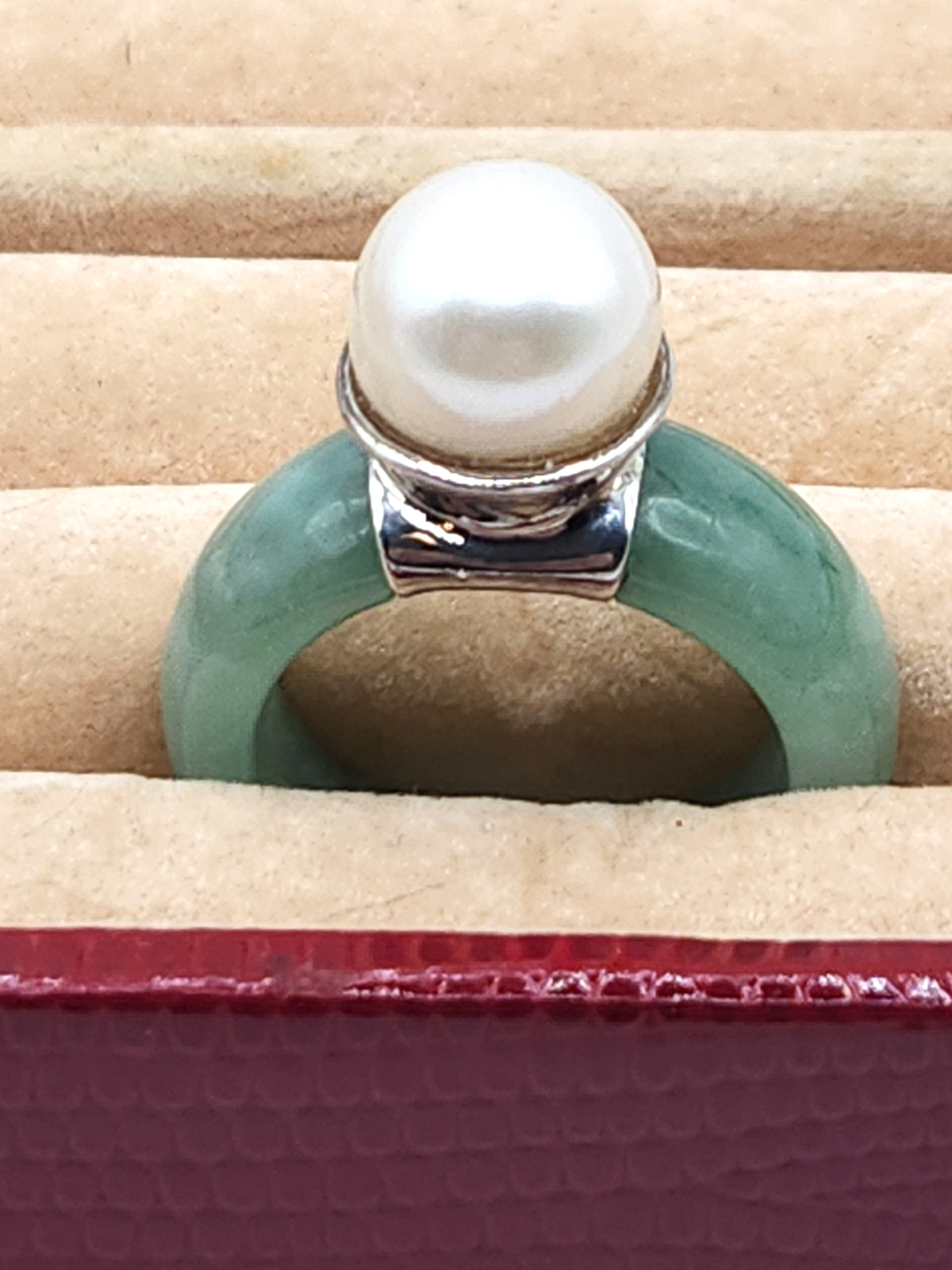 Vintage 925 China Green Jade Jadeite 6.5 Mm Pearl Ring Statement Piece Runway