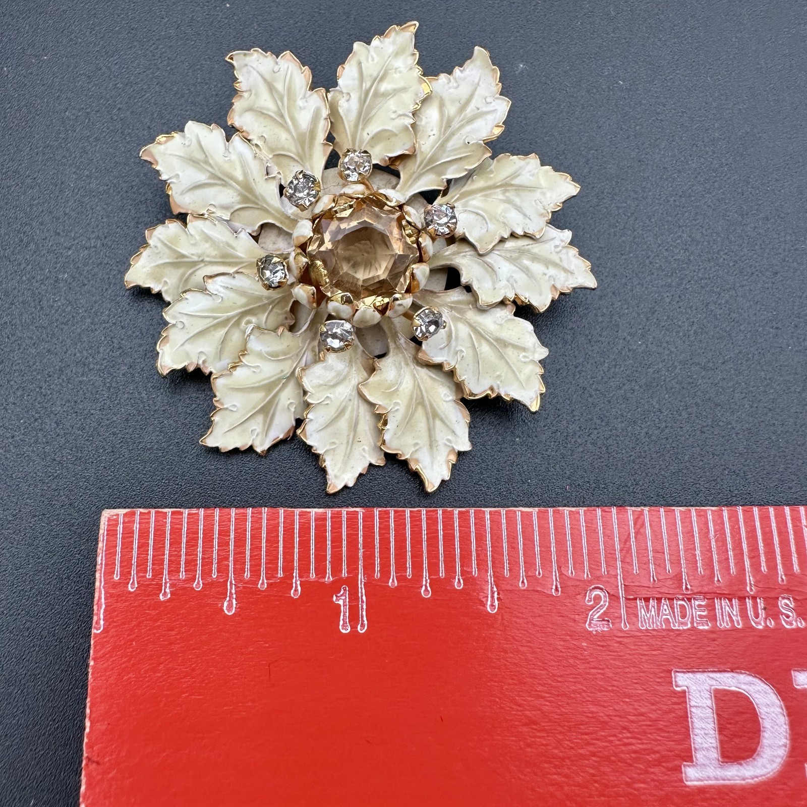 Vintage 1940’s-1950’s SANDOR Pronged Rhinestone Enamel Flower Brooch Jewelry