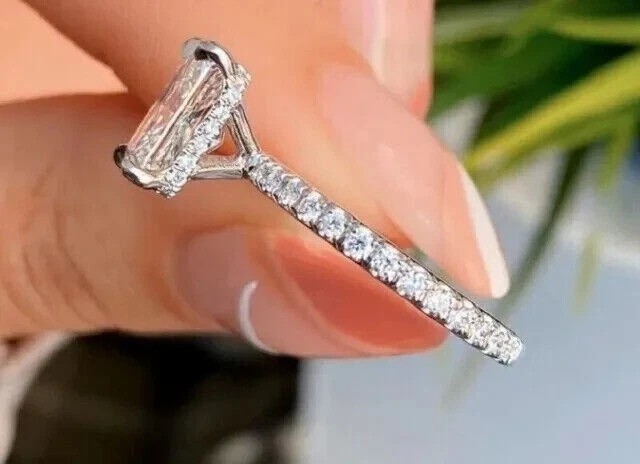 4Ct Emerald Cut Lab Created Diamond Engagement Womens 14K White Gold Finish Ring