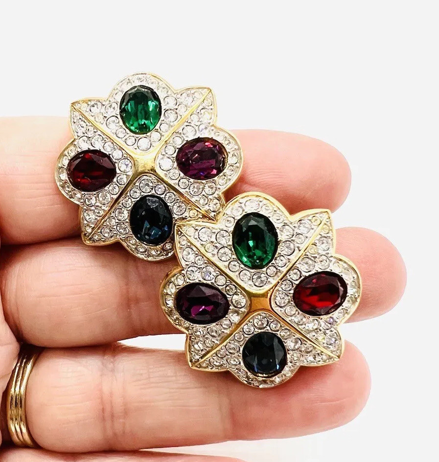 SWAROVSKI Multicolored Jewel Tone Crystal Earrings Signed Vintage Jewelry