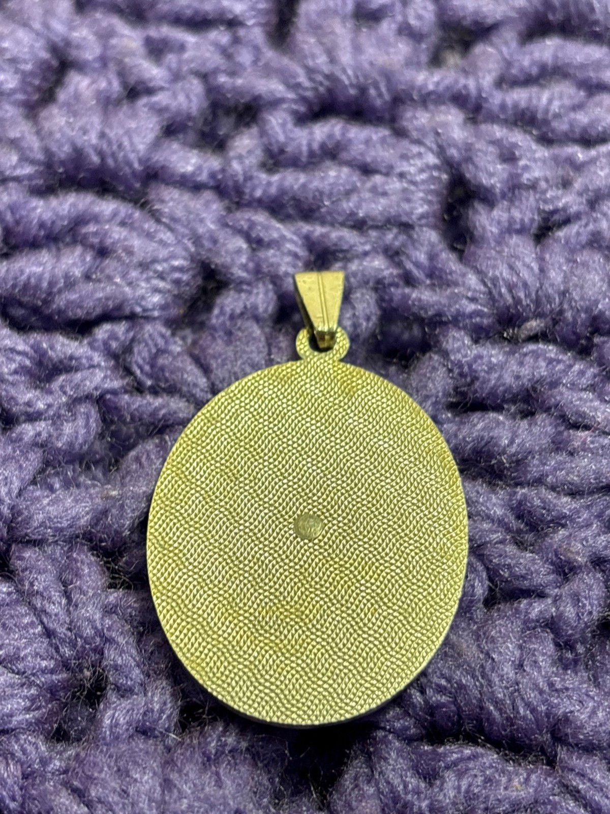Vintage Goldtone and Plastic Oval Pendant Beach Scene Palm Trees 1.5 inches