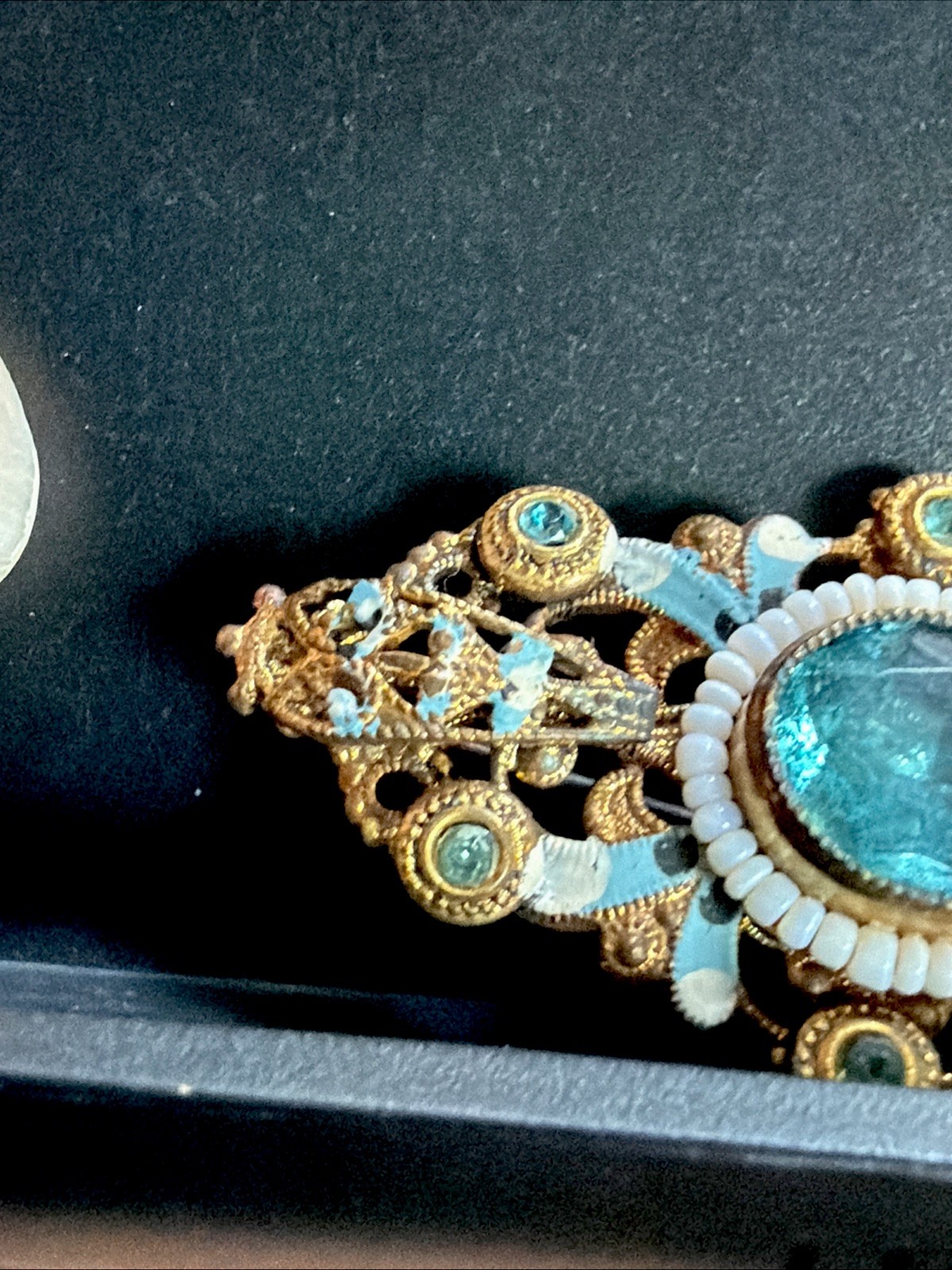 Antique Signed Czechoslov White Beads Enamel Brooch Blue Glass Stone Pin