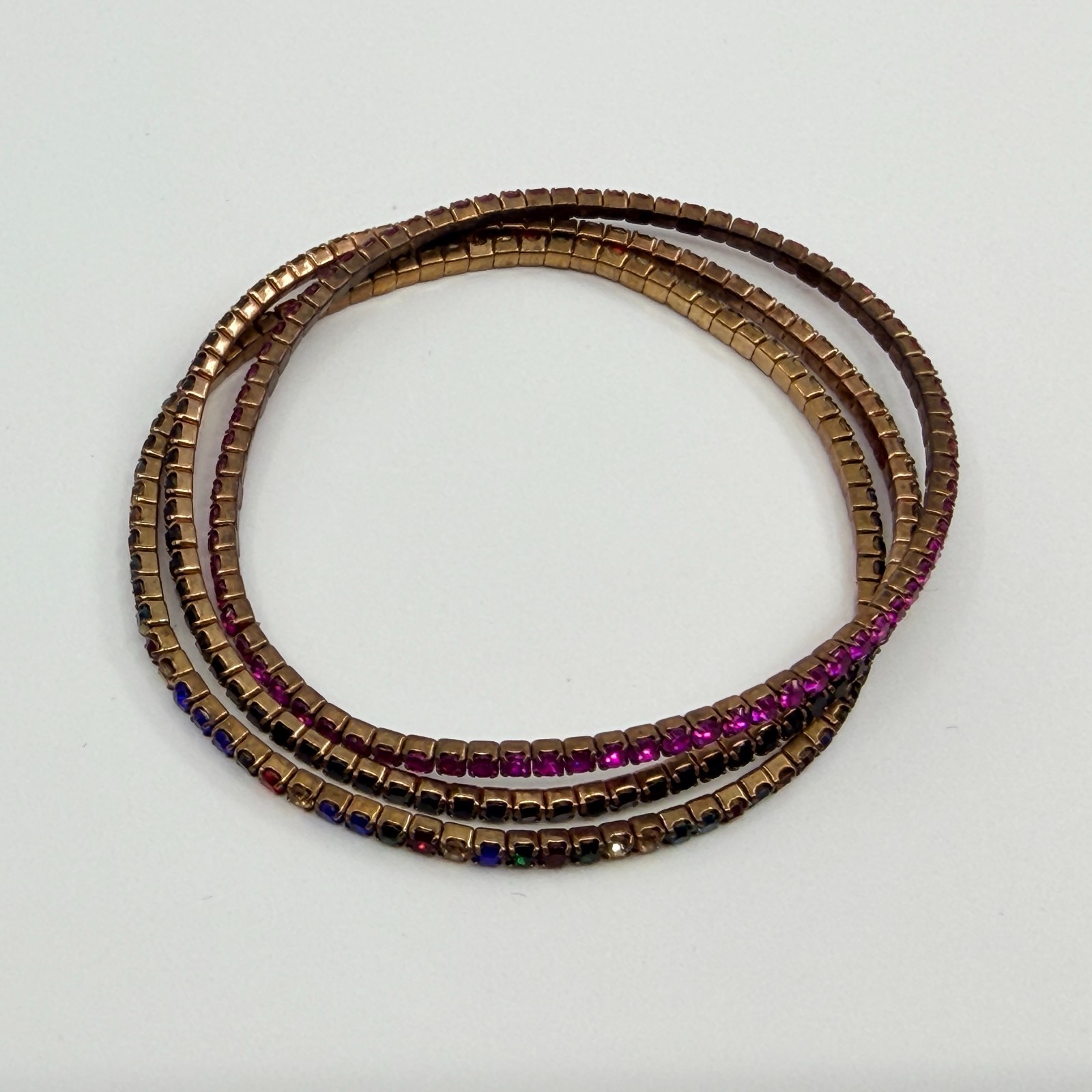 Vintage Bronze Tone Multi Color Rhinestone Stackable Stretch Bracelet Set 3 90s