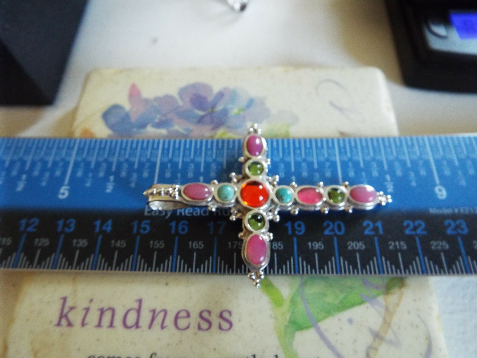 Beautiful large colorful religious cross. Sterling silver 10.9 grams