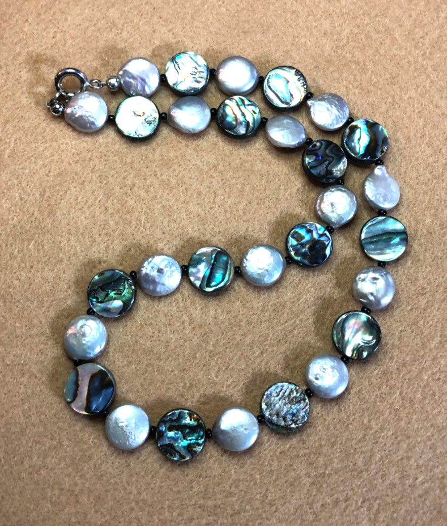 Vintage Silver Freshwater Coin Pearl Abalone Shell Disk Bead Necklace 925 P1