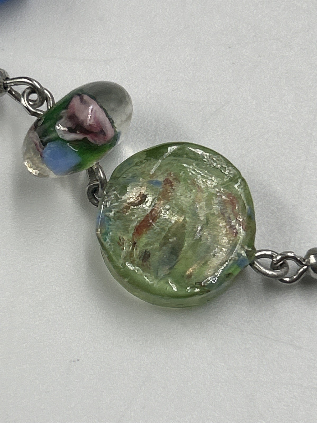 VTG Premier Design Art Glass Beaded Necklace Silver Tone Signed 30”w/2”