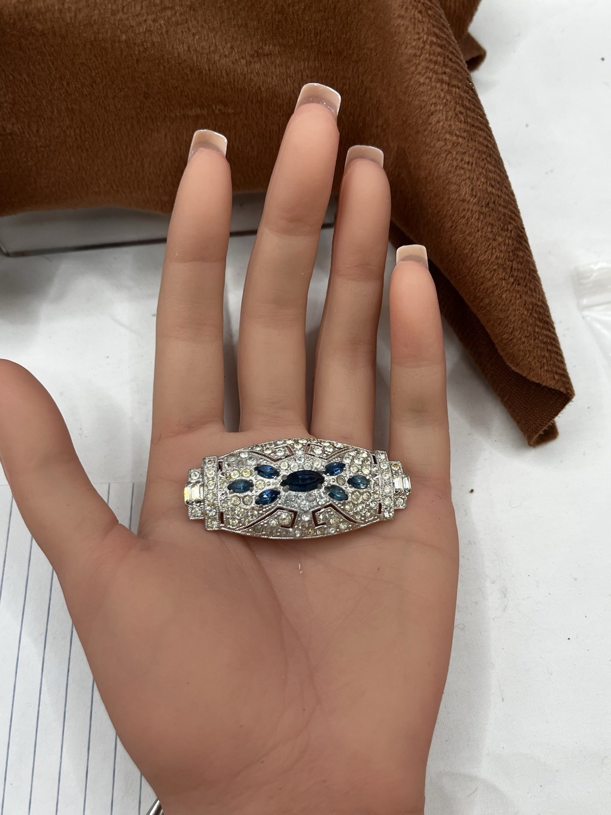 Art Deco Blue Uranium Glow Clear Paste Brooch w/ Baguette & Pavé Rhinestones 2”