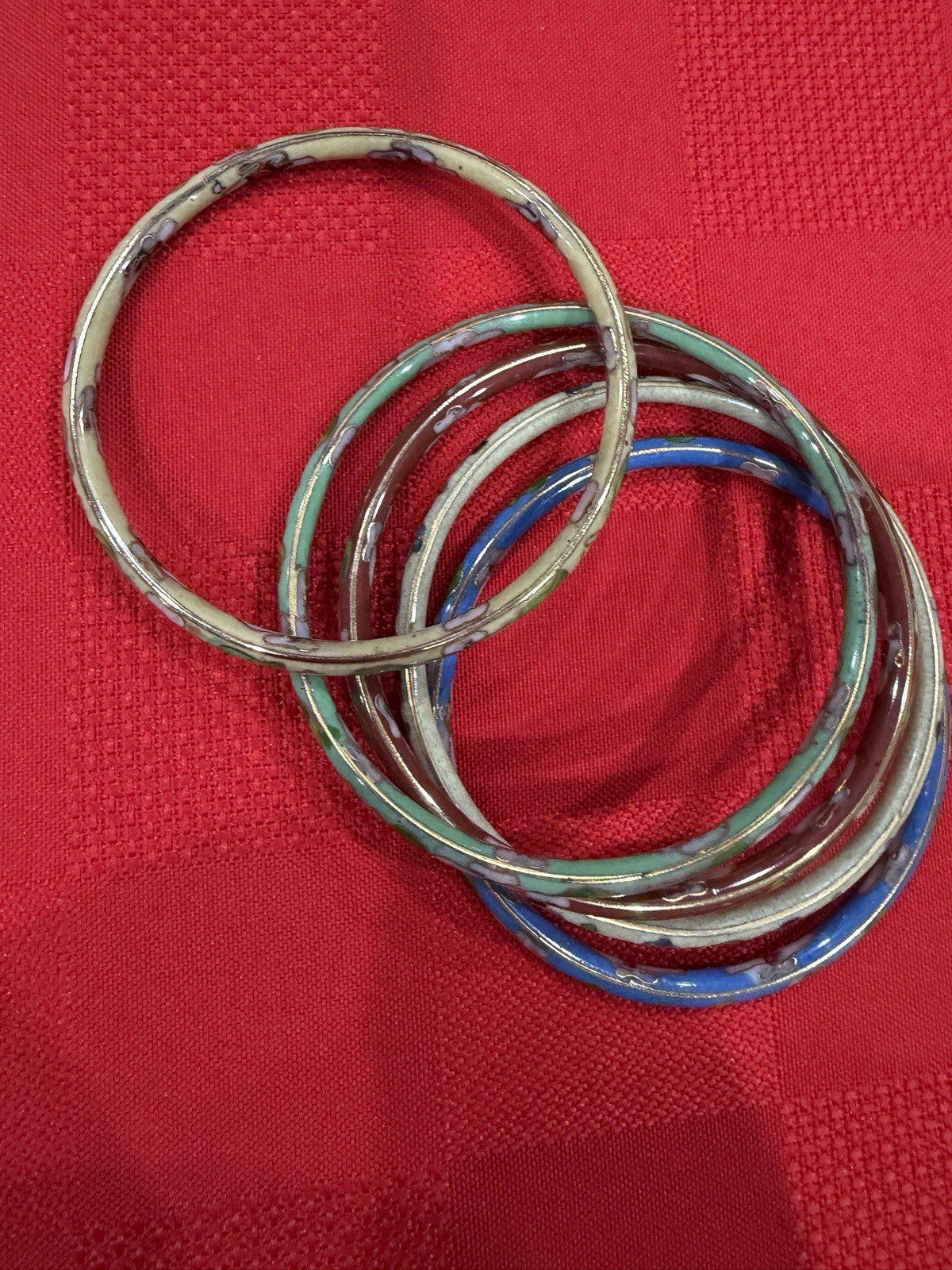 5 Vintage Chinese Cloisonné Bangle Bracelets Set Enamel Floral Multicolor