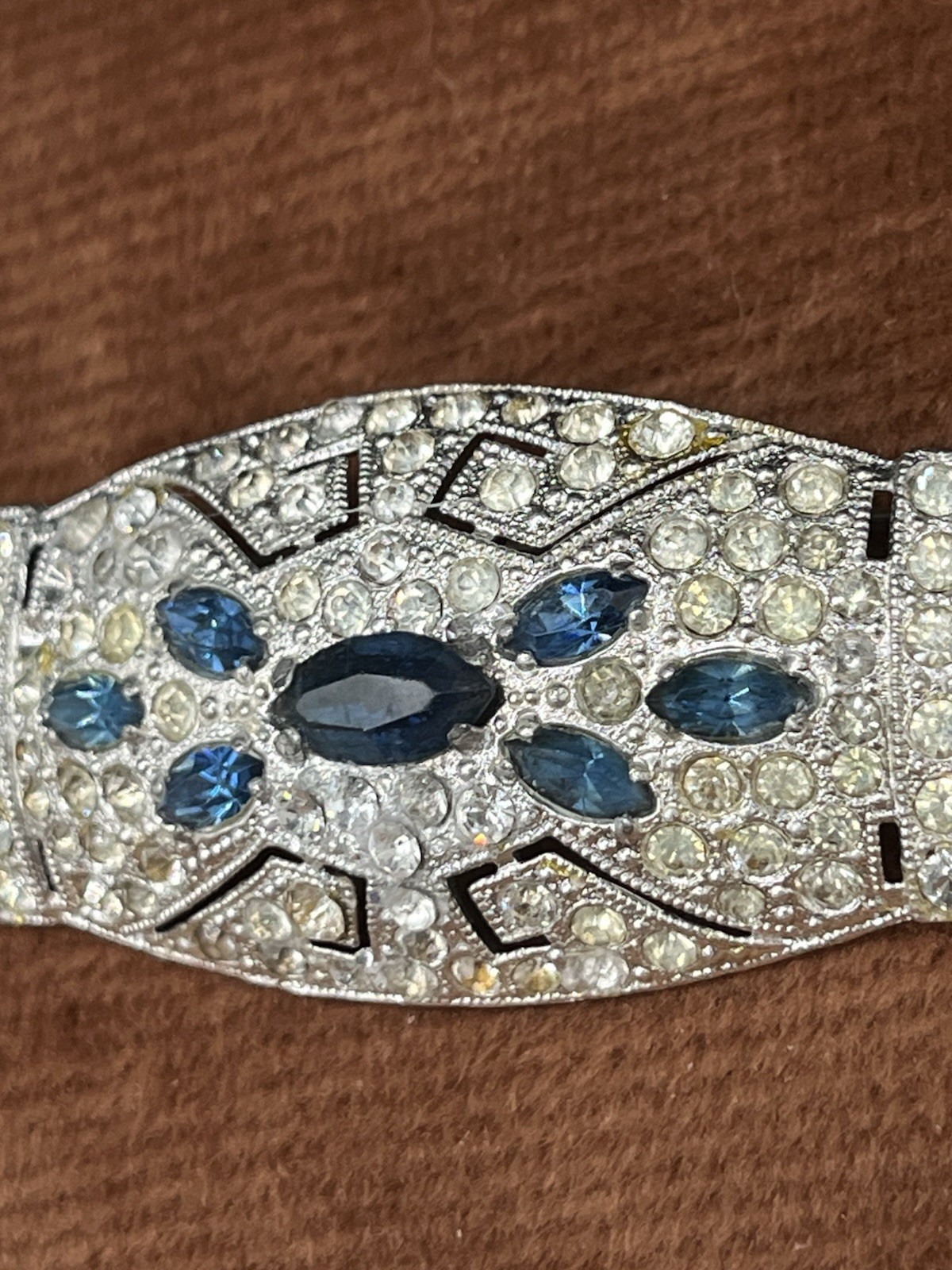 Art Deco Blue Uranium Glow Clear Paste Brooch w/ Baguette & Pavé Rhinestones 2”