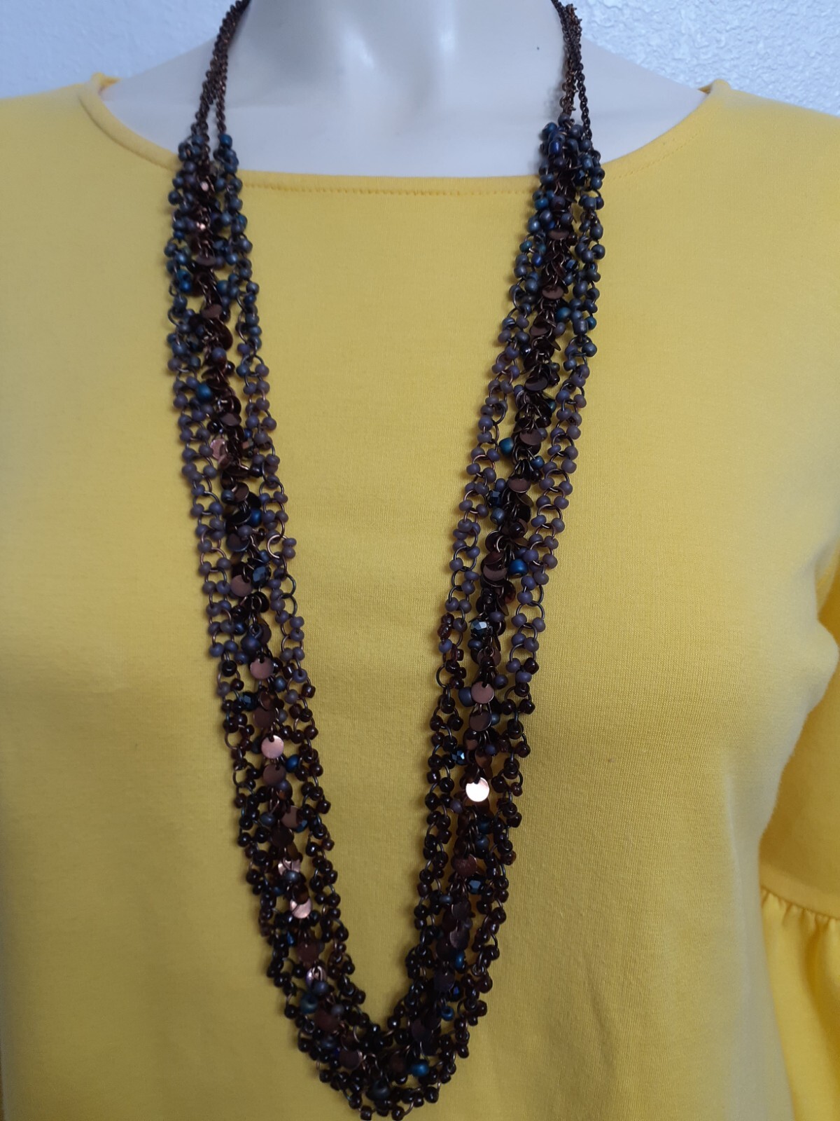 Coldwater Creek women long necklace all metal chains with tiny beads. NWOT.