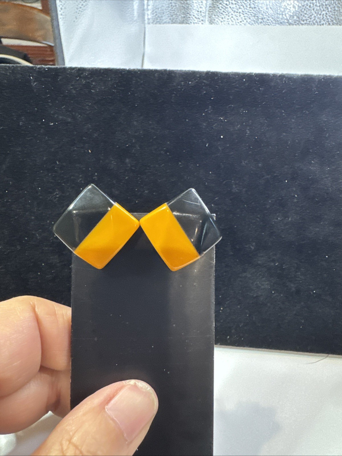 Vintage Bakelite Butterscotch/Black Clip Earrings Geometric MCM Mid Century 3/4”