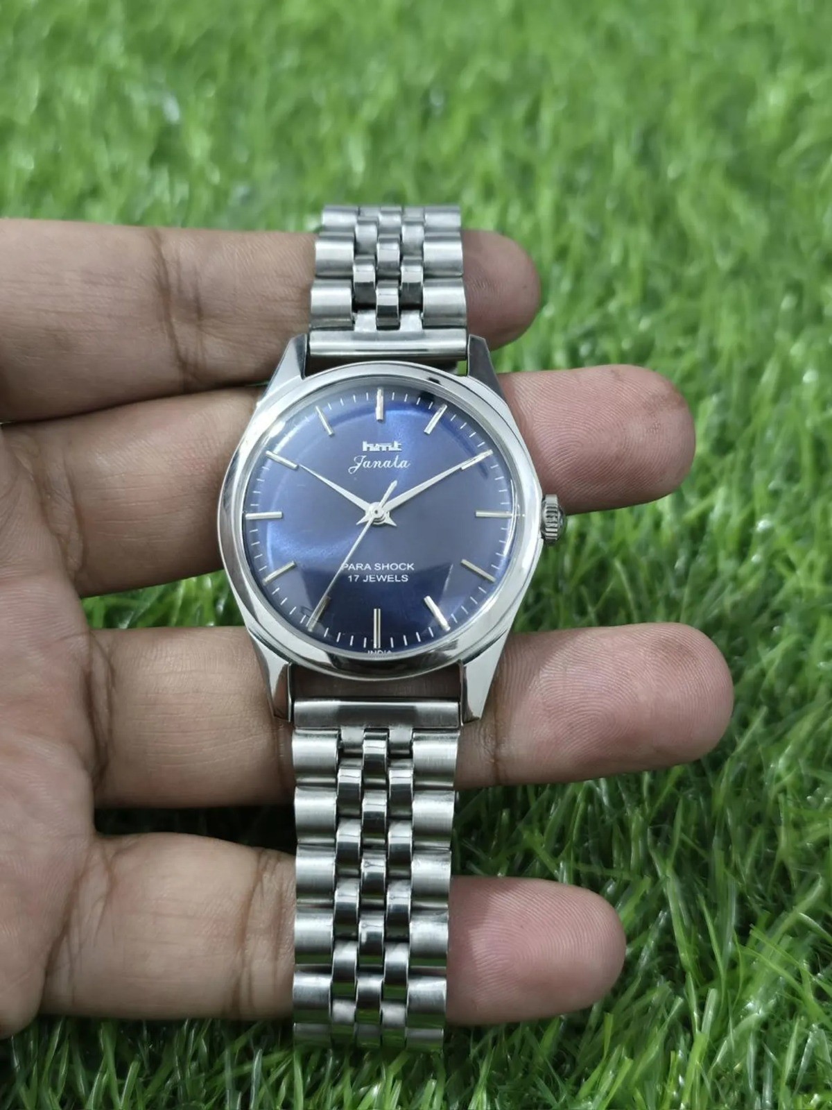Vintage Hmt Janata Transparent Back Hand Winding Men Steel 17 Jewels Wrist Watch