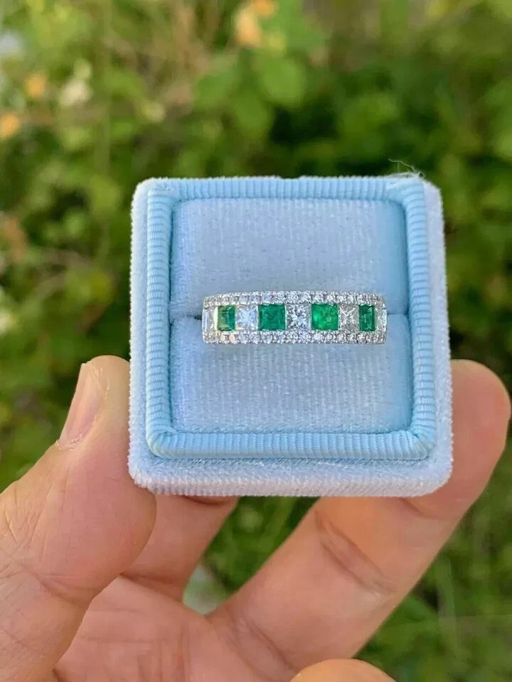 3Ct Art Deco style Lab Created Diamond Emerald Engagement 14K White Gold FN Ring
