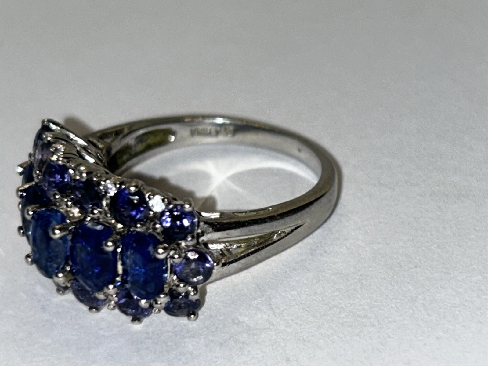STERLING SILVER lab created BLUE SAPPHIRE & AMETHYST TRIPLE ROW RI RING Sz 8 925