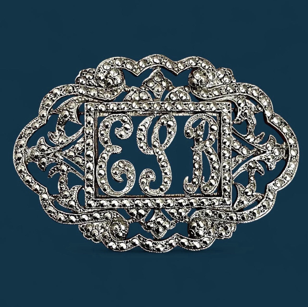 Vintage Art Deco Marcasite Style Monogram Brooch Pin Retro Victorian Revival EUC