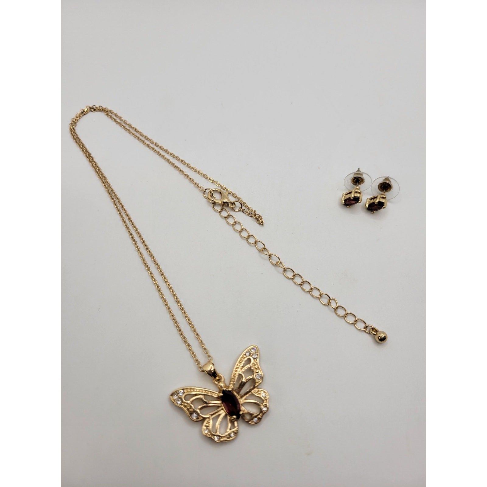 Garnet Butterfly Pendant Necklace Stud Earrings Set Goldtone Crystal Rhinestones