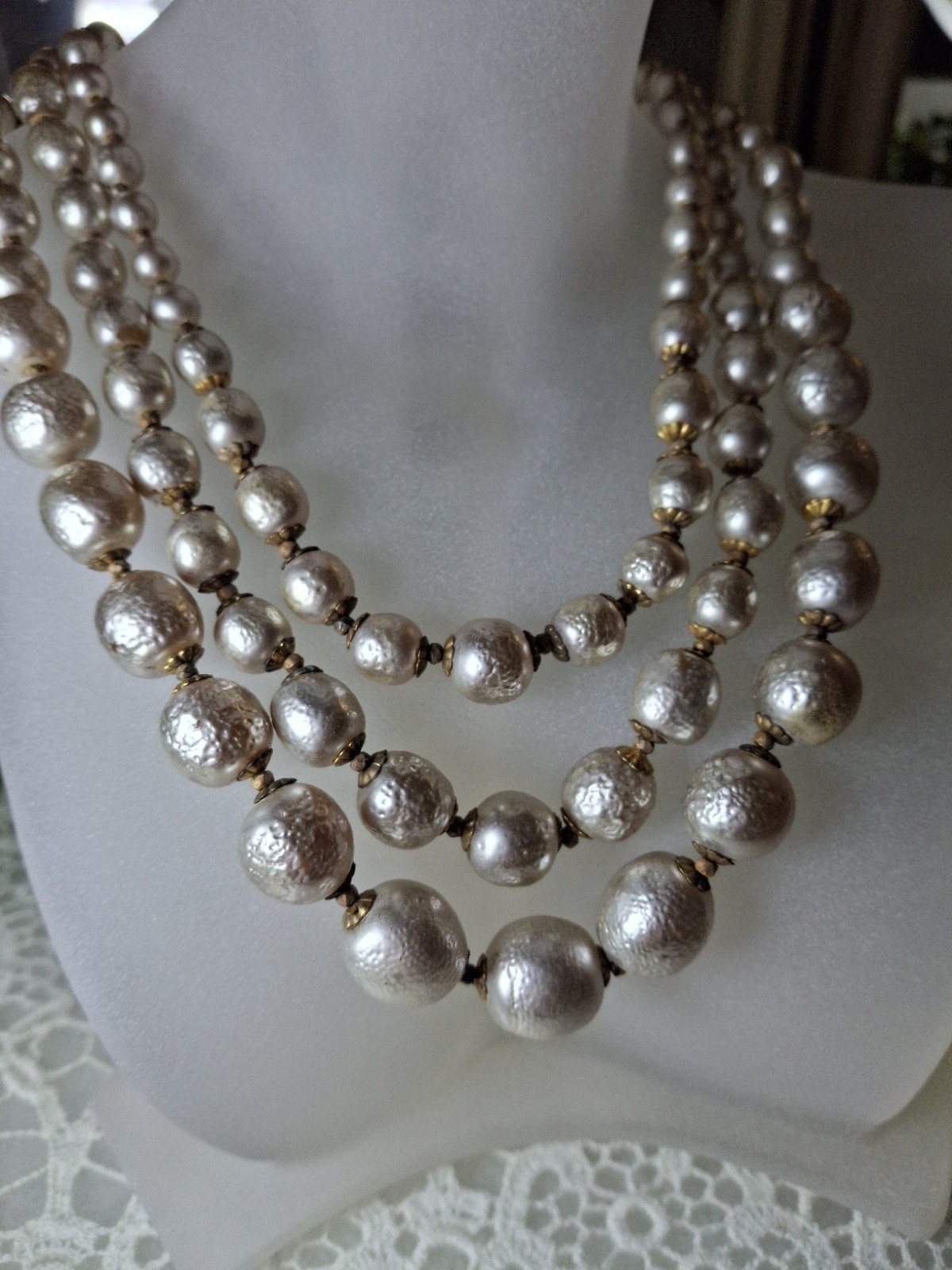 Early Signed Miriam Haskell 3 Strand Silver Niki Baroque Pearl Necklace