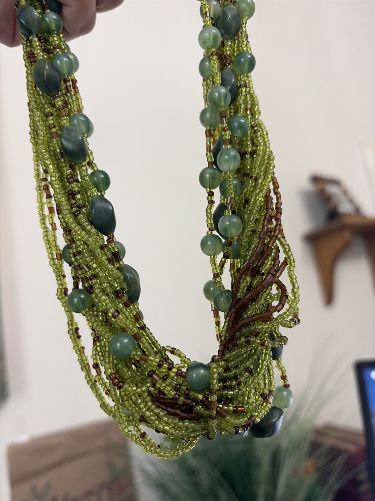 Multi Strand (25) Seed Bead Necklace 16” Choker Green and Brown Beads