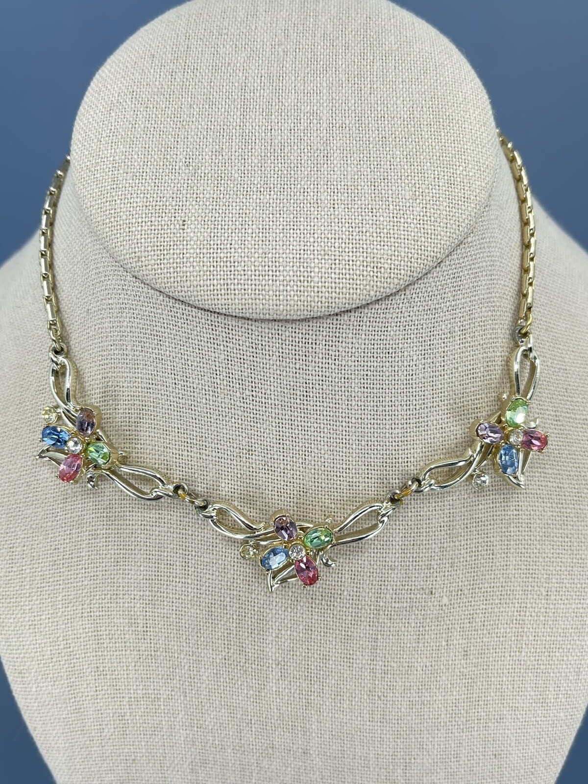 Kramer Flower Necklace Choker multi colored Rhinestones gold tone 15″