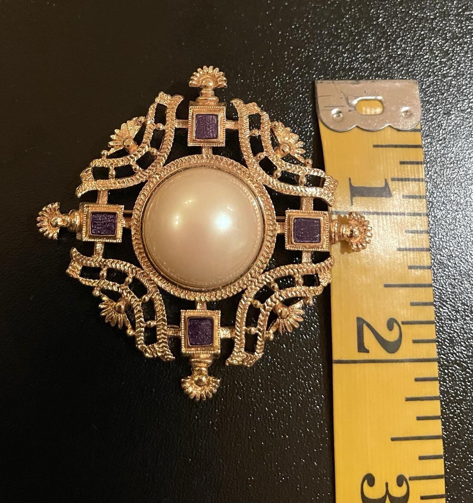 Vintage MONET Cabochon Faux Pearl Blue Enamel Gold Tone Statement Brooch/Pin