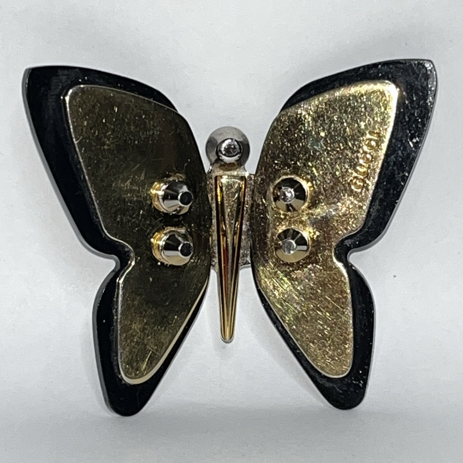 BUTTERFLY BROOCH PIN Layered Gold-Tone Metal & Black Acetate Resin 2.75″ READ