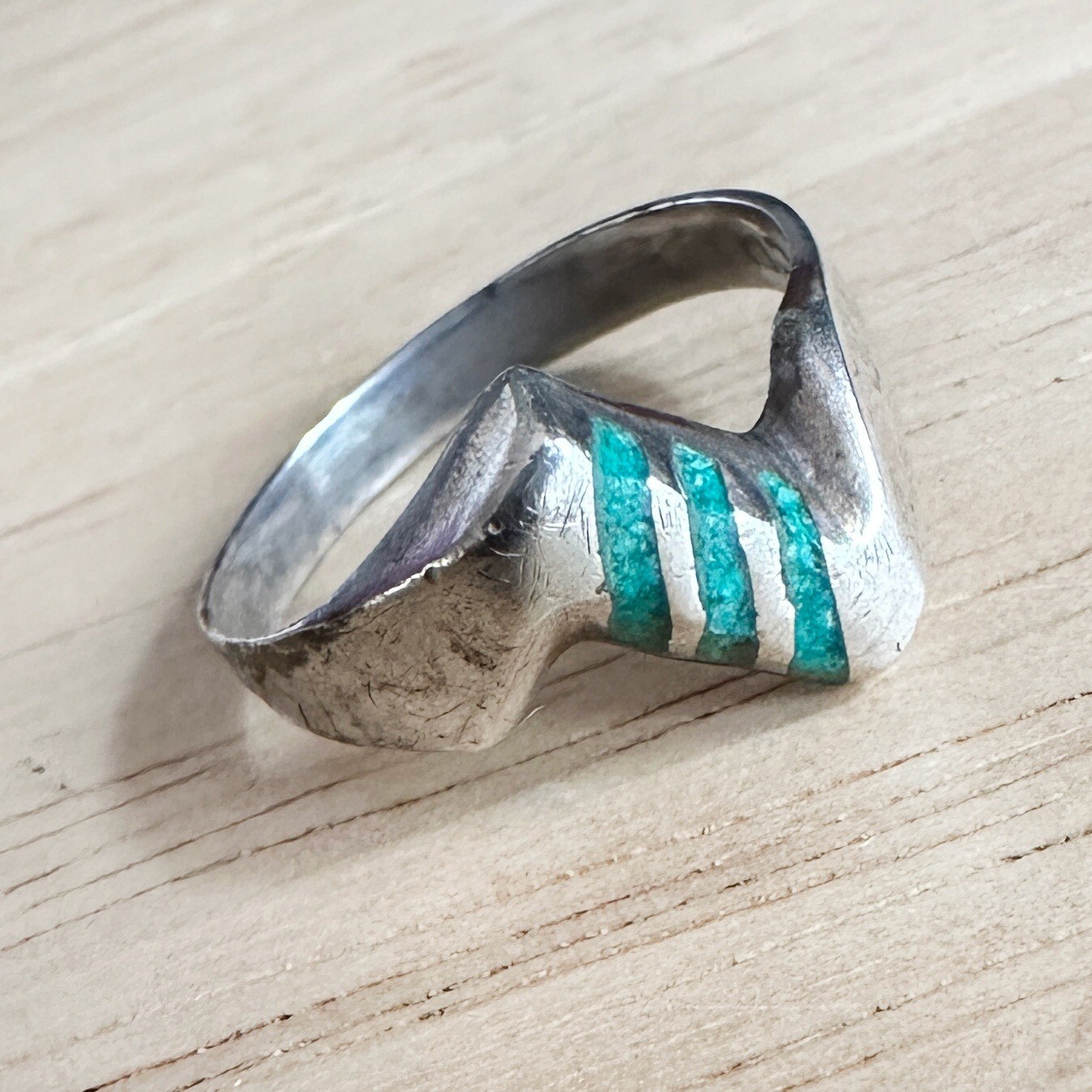 Vintage Sterling Silver Turquoise Inlay Band Ring Statement Tex Co Southwestern