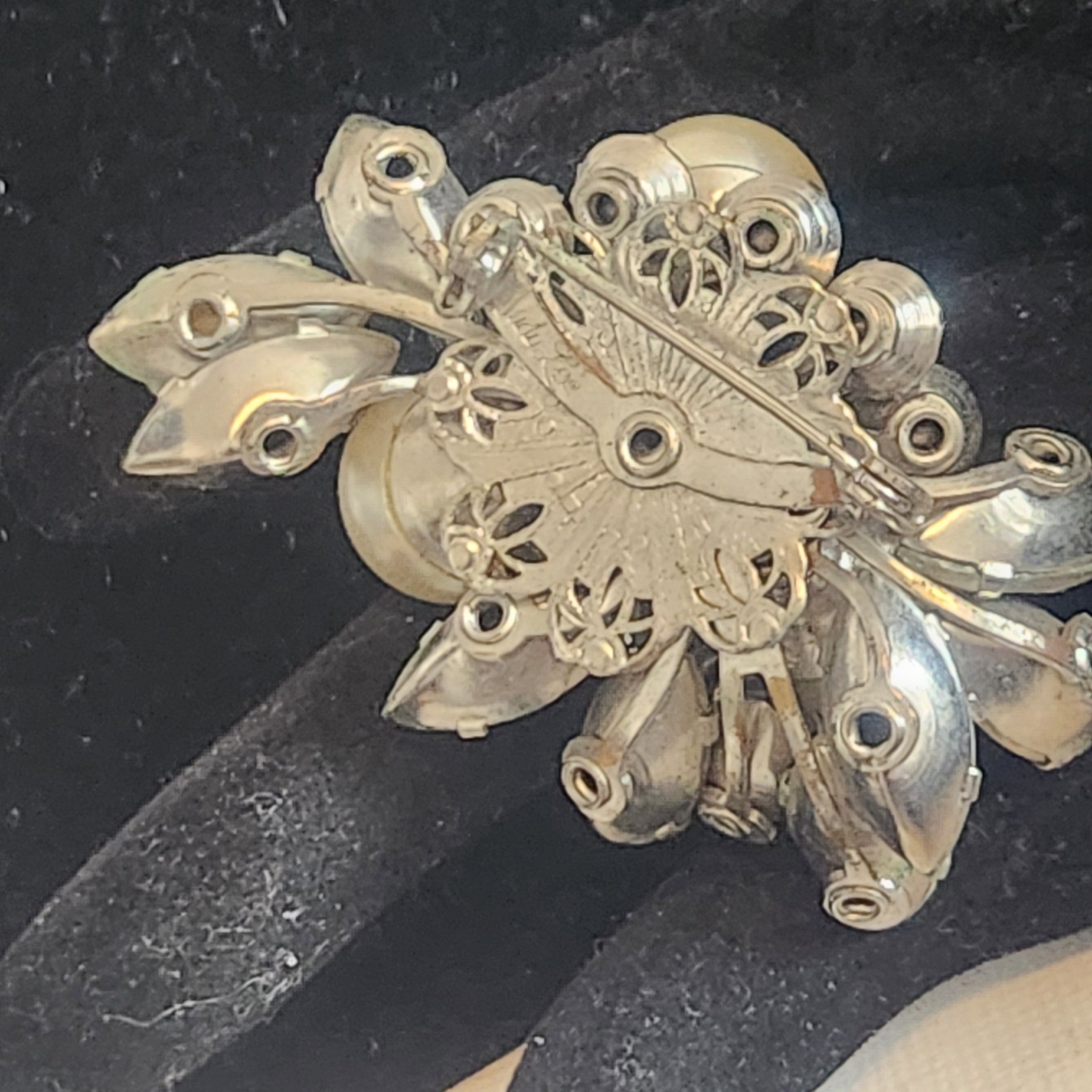 Vintage Aurora Borealis Rhinestone and Faux Pearl Cluster Clip On Earring Brooch
