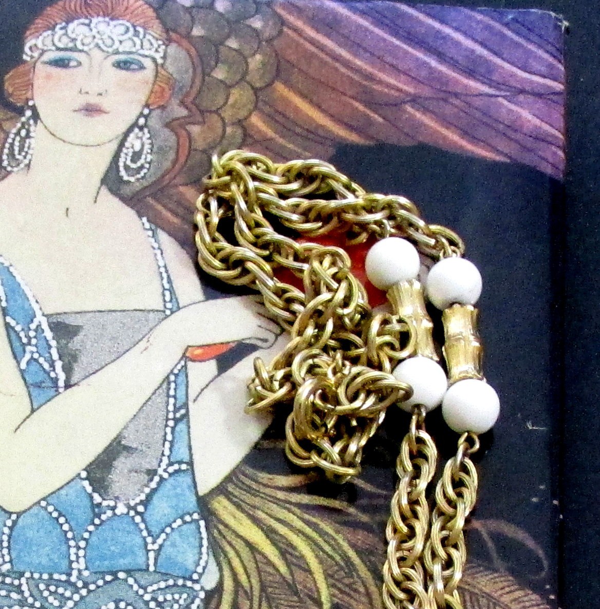VTG RUNWAY NAPIER BOOK PC GP BAMBOO SUNBURST PENDANT NECKLACE WHITE BEAD FUJIO