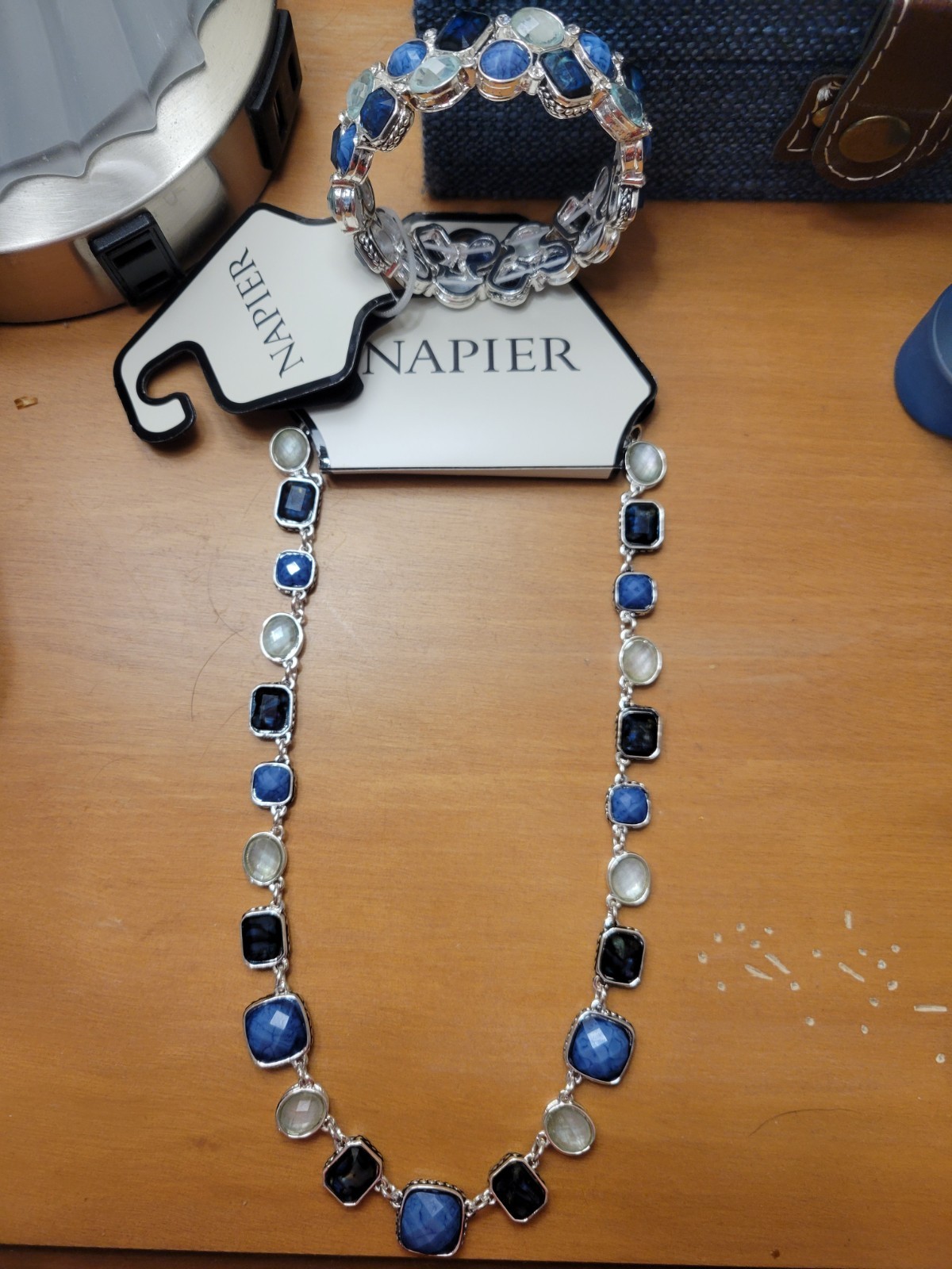 Napier Silver Tone Blue Simulated Stone Necklace & Matching Stretch Bracelet
