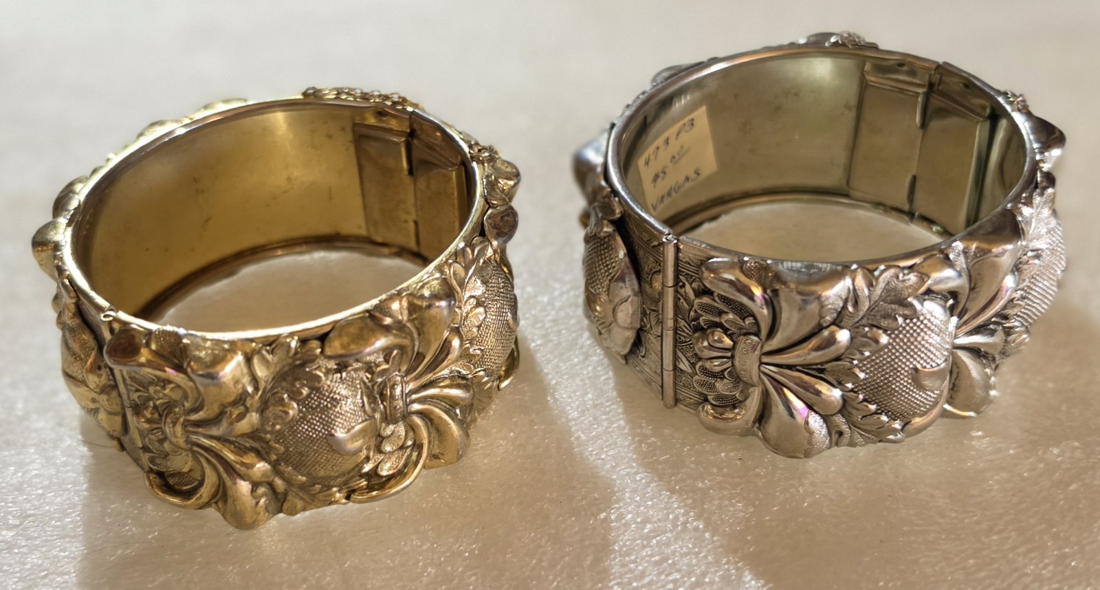 Vintage signed Vargas Whiting & Davis High Relief Hinged Cuff Bracelets