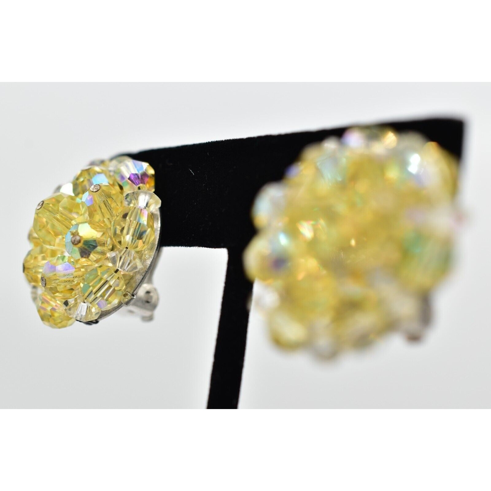 Laguna Vintage Clip On Crystal Earrings Yellow AB Cluster Signed Glam 1950s A24
